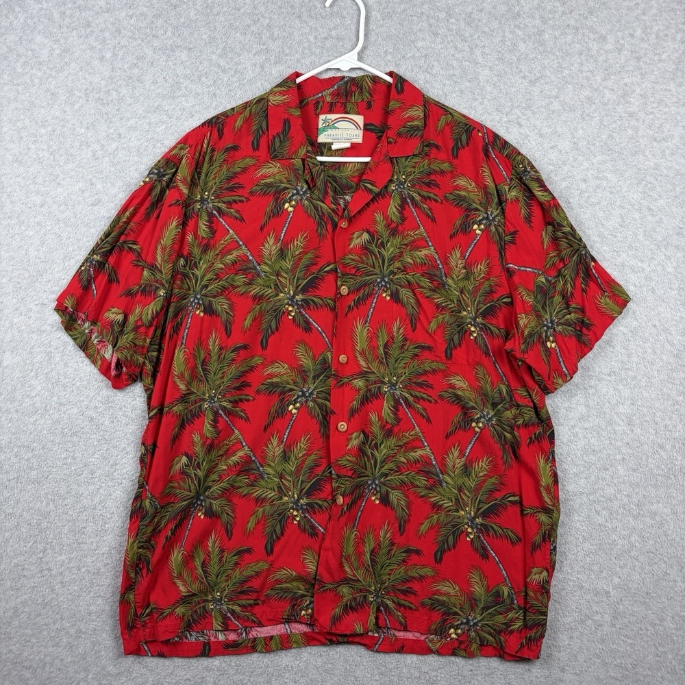 Paradise Found Shirt Mens Large Red Floral Hawaiian Rayon Camp Aloha Button Up